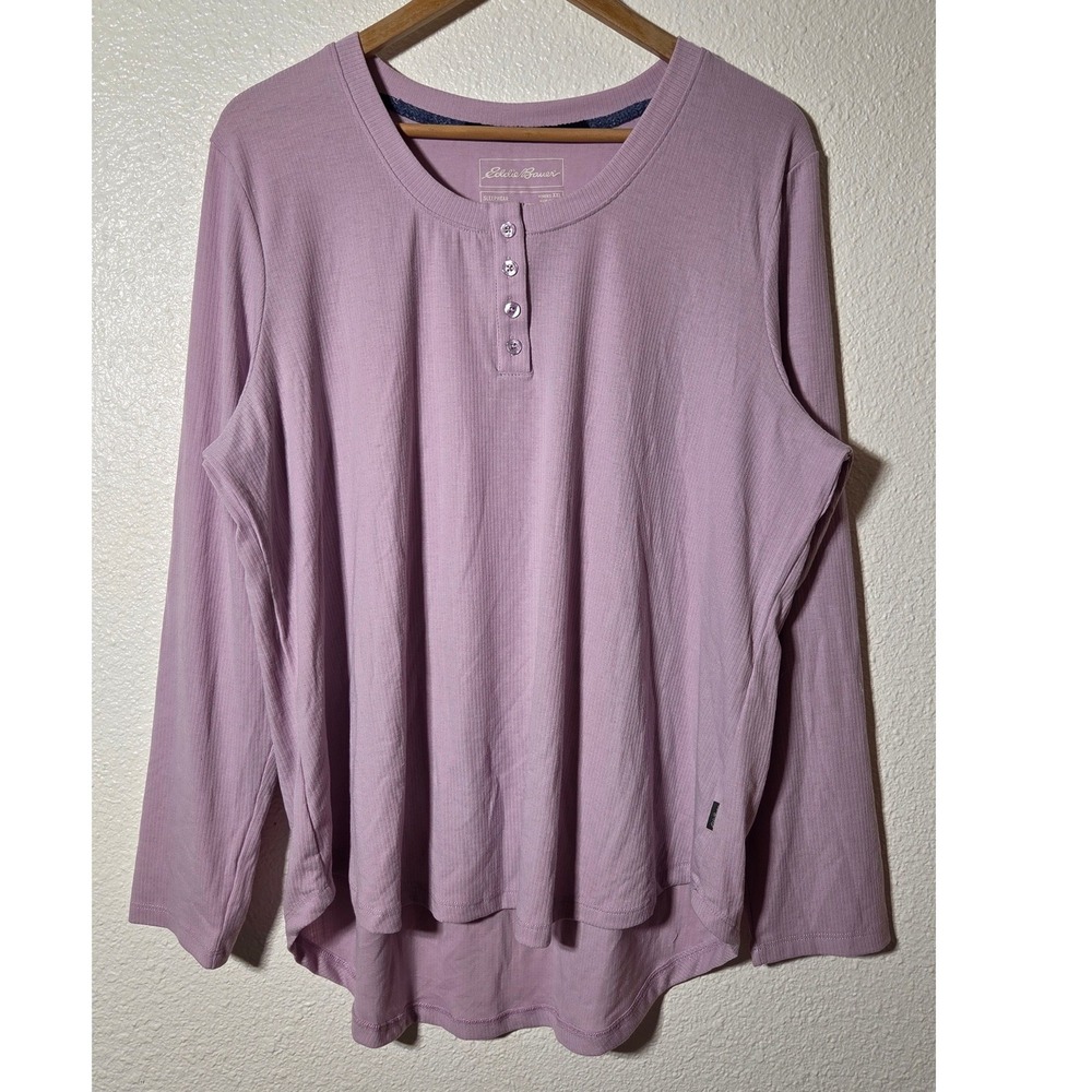 Eddie Bauer Lilac Pink Purple Rib Knit Henley Top XXL Lounge Cozy Minimalist